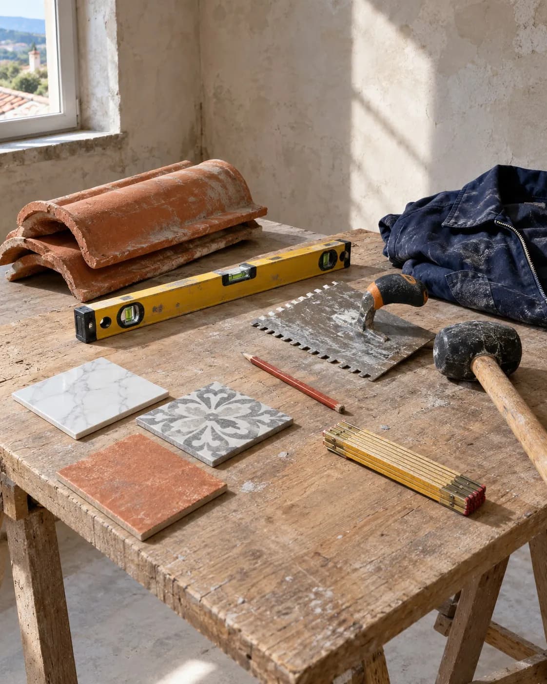 Ferramentas de assentamento, nível e amostras de azulejo numa mesa de trabalho numa casa em obras