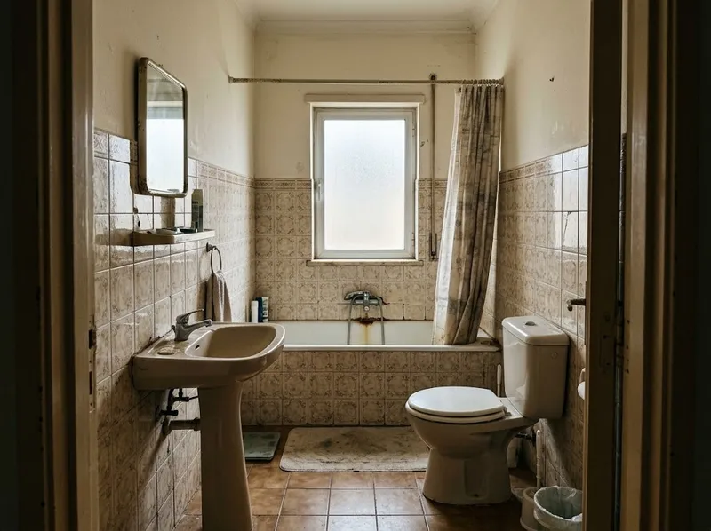 Casa de banho antiga antes da remodelação, azulejo datado e banheira