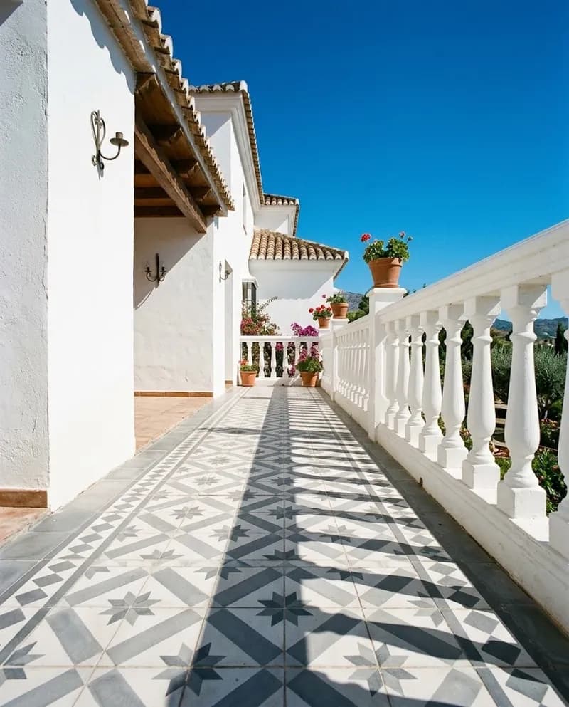 Terraço com pavimento cerâmico padronizado e balaustrada