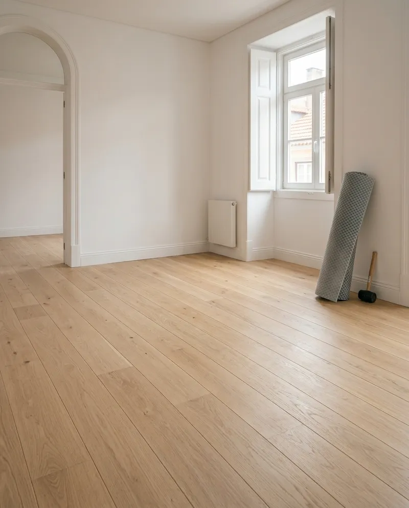 Sala com pavimento novo em carvalho claro