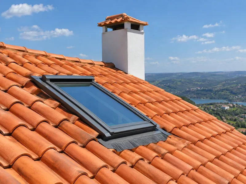 Telhado novo em telha cerâmica com uma janela de telhado